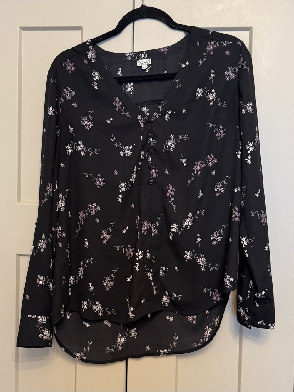 Kismet Black Floral V-Neck Blouse | Medium | Long Sleeve